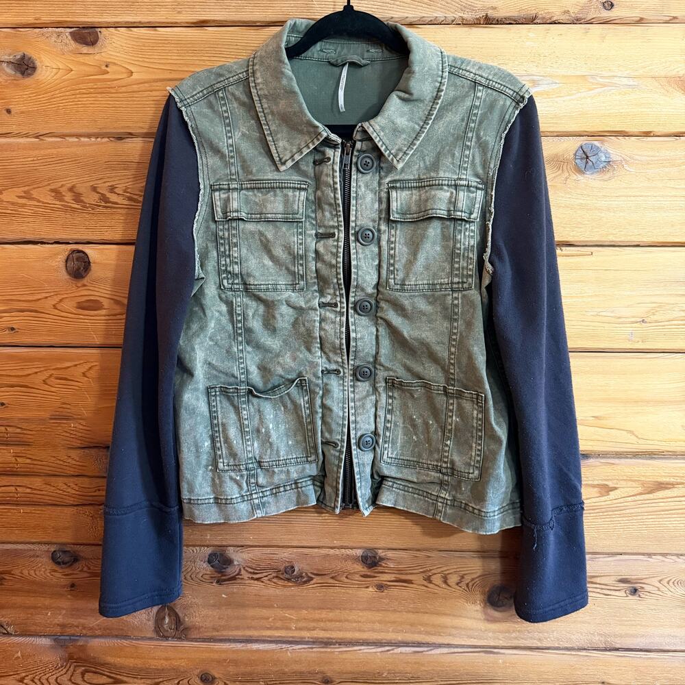 Free People Green Twill Jacket with Black Sleeves Size Small